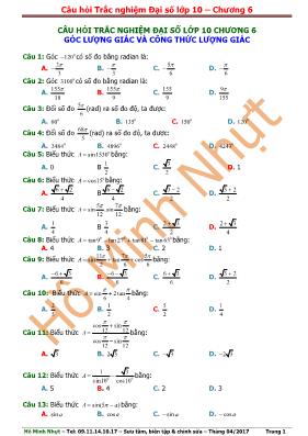 Câu hỏi trắc nghiệm Đại số lớp 10 - Chương 6 Góc lượng giác và công thức lượng giác
